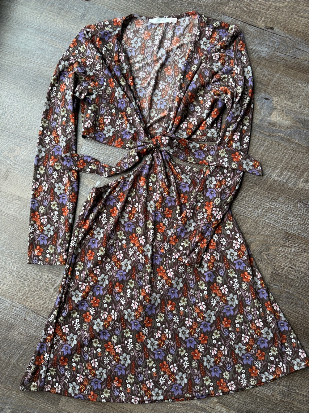 Lush Brown Floral Wrap Dress with Purple & Orange Flowers